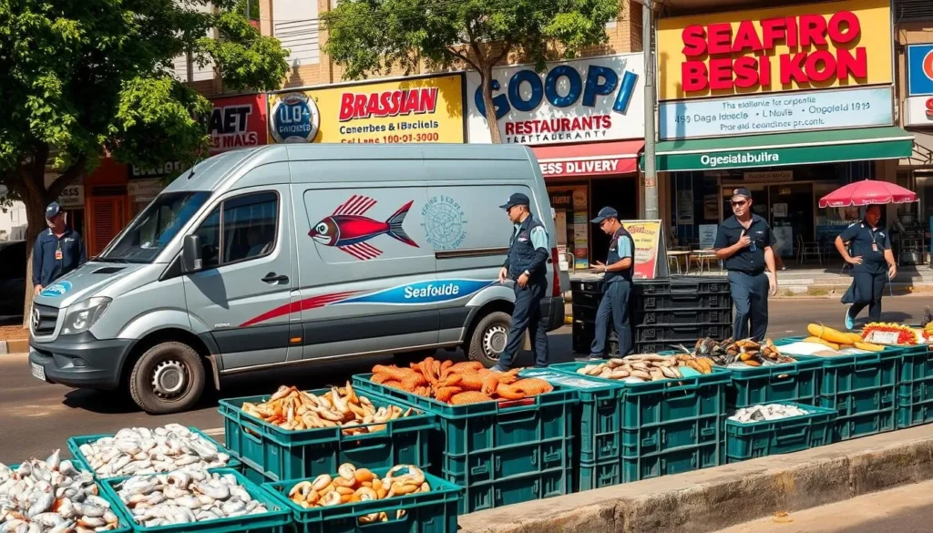 A bustling seafood delivery scene in Brasilia, Brazil, captured on a sunny day. In the foreground, a sleek delivery van with a bold seafood logo waits to transport the day's catch. Crates of fresh shrimp, lobster, and fish line the curb, their icy contents glistening under the warm afternoon light. In the middle ground, uniformed delivery drivers carefully load the orders, their movements efficient and practiced. The background features the vibrant facades of local seafood restaurants, their signs and awnings beckoning passersby to dine on the city's renowned maritime delicacies. The overall scene conveys the vital role of delivery services in Brasilia's thriving seafood industry, connecting the city's acclaimed restaurants with their discerning customers.