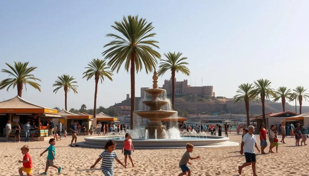 A bustling seaside city, Jubayl showcases family-friendly attractions against a picturesque backdrop. In the foreground, children play on a sprawling beachfront, their laughter carried by a gentle breeze. Nearby, families gather around vibrant food stalls, savoring local delicacies. The middle ground features a grand, ornate fountain, its waters dancing in the warm sunlight. In the distance, towering palm trees sway, framing the iconic Jubayl Castle, a historic landmark perched atop a hill. The overall scene radiates a warm, inviting atmosphere, capturing the essence of Jubayl's rich cultural heritage and its appeal as a premier family destination.