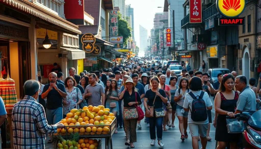 A bustling sidewalk in the heart of Bangkok, throngs of tourists weaving through the crowd, snapping photos and haggling with street vendors. The sun casts a warm glow, illuminating the vibrant colors of traditional Thai architecture and neon signs. In the foreground, a vendor pushes a cart laden with tropical fruits, their sweet aroma drifting through the air. In the middle ground, tourists of all ages browse stalls overflowing with souvenirs, their expressions a mix of excitement and weariness. The background is a cacophony of tuk-tuks, taxis, and the occasional flash of a luxury vehicle, all contributing to the pulsing energy of the city. The mood is one of bustling activity, a testament to the peak of Bangkok's tourist season. A bustling sidewalk in the heart of Bangkok, throngs of tourists weaving through the crowd, snapping photos and haggling with street vendors. The sun casts a warm glow, illuminating the vibrant colors of traditional Thai architecture and neon signs. In the foreground, a vendor pushes a cart laden with tropical fruits, their sweet aroma drifting through the air. In the middle ground, tourists of all ages browse stalls overflowing with souvenirs, their expressions a mix of excitement and weariness. The background is a cacophony of tuk-tuks, taxis, and the occasional flash of a luxury vehicle, all contributing to the pulsing energy of the city. The mood is one of bustling activity, a testament to the peak of Bangkok's tourist season.