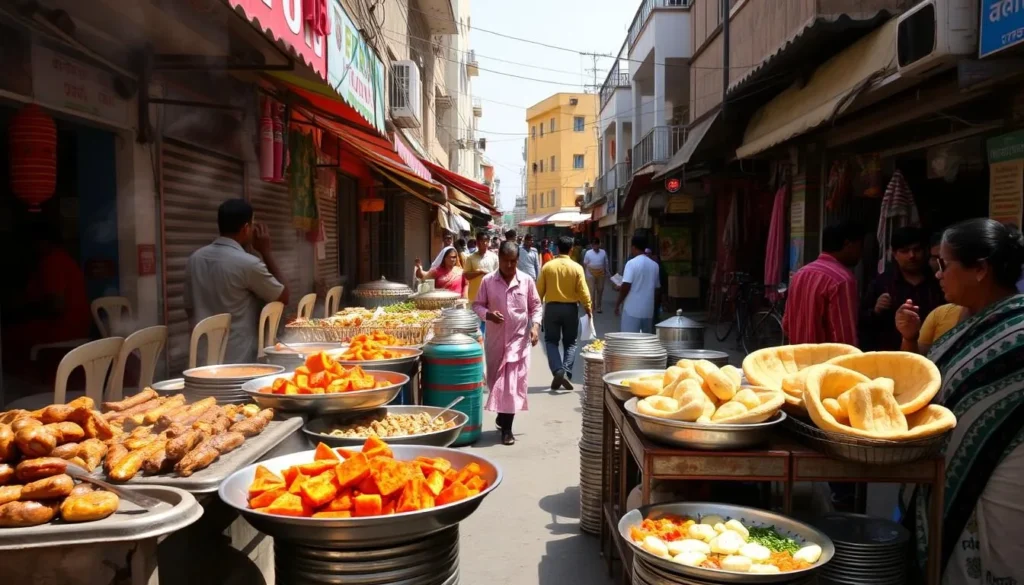 A bustling street in Akola, Maharashtra, lined with vibrant food stalls and local eateries. In the foreground, the aroma of sizzling kebabs and tandoori dishes wafts through the air, drawing in hungry passersby. The middle ground showcases a variety of colorful thalis, traditional Maharashtrian delicacies, and steaming hot vada pavs. In the background, the lively atmosphere is accentuated by the sun-dappled facades of nearby buildings and the friendly chatter of the local community. A warm, inviting scene that captures the essence of Akola's vibrant food culture on a pleasant day.