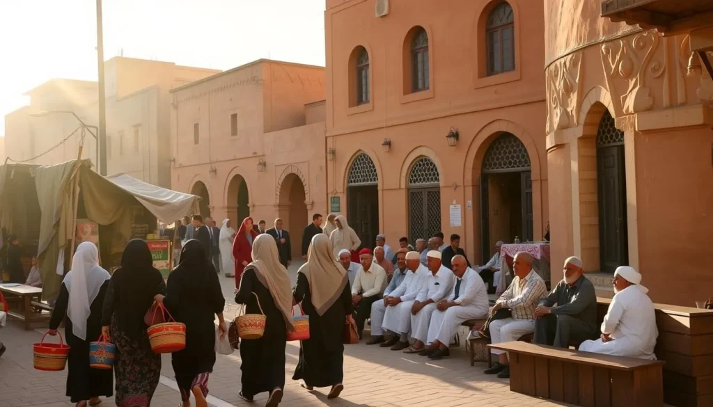 A bustling street in Amara, Iraq, with locals going about their daily lives. In the foreground, a group of women in traditional long dresses and headscarves stroll past small shops and stalls, carrying colorful baskets. The middle ground features a group of men sitting on benches, engaged in lively conversation. In the background, the sun casts a warm glow over the ochre-colored buildings, with their ornate arched doorways and intricate window designs. The scene conveys a sense of cultural richness and community, inviting the viewer to respectfully observe local customs and traditions. A bustling street in Amara, Iraq, with locals going about their daily lives. In the foreground, a group of women in traditional long dresses and headscarves stroll past small shops and stalls, carrying colorful baskets. The middle ground features a group of men sitting on benches, engaged in lively conversation. In the background, the sun casts a warm glow over the ochre-colored buildings, with their ornate arched doorways and intricate window designs. The scene conveys a sense of cultural richness and community, inviting the viewer to respectfully observe local customs and traditions.