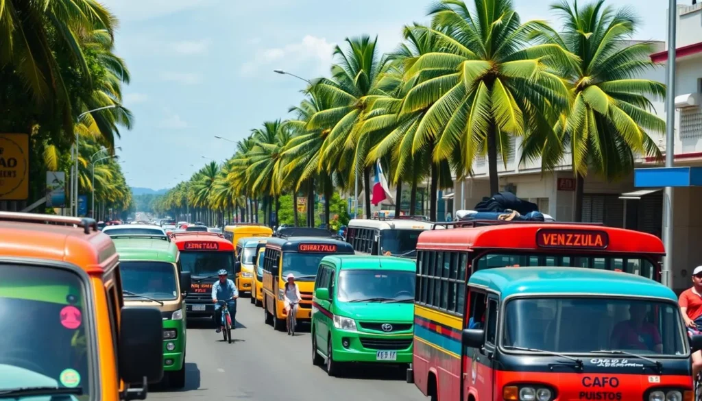 A bustling street in Cabimas, Venezuela, with a diverse array of local transportation options. In the foreground, a vibrant array of colorful buses and minivans known as "carros por puestos" ferry passengers. In the middle ground, pedestrians and cyclists navigate the lively scene, while in the background, towering palm trees sway gently in the warm, tropical breeze. The lighting is natural and bright, capturing the lively energy of this quintessential Venezuelan city. Captured with a wide-angle lens to showcase the dynamic transportation landscape.