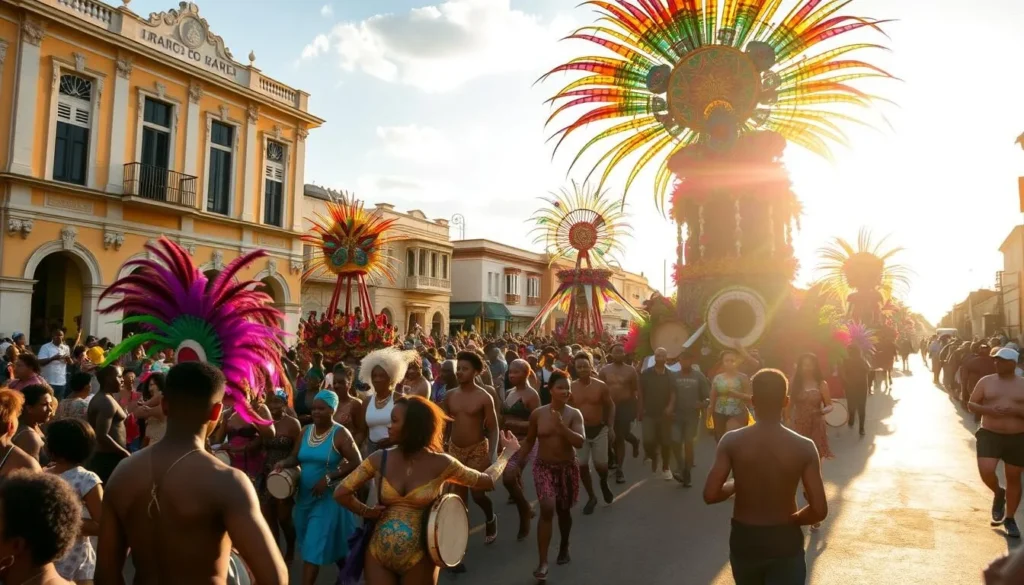 A bustling street in Cayenne, French Guiana, filled with a vibrant carnival parade. Costumed dancers and musicians energize the lively crowd, swaying to the rhythm of pulsing drums and brass instruments. Towering, colorful floats adorned with intricate patterns and feathers create a visually stunning spectacle. The warm sun bathes the scene in a golden glow, casting long shadows across the energetic crowd. In the background, colonial-era buildings provide a historic backdrop, adding to the authentic carnival atmosphere. Capture the infectious energy, vivid colors, and festive spirit of the Cayenne Carnival.