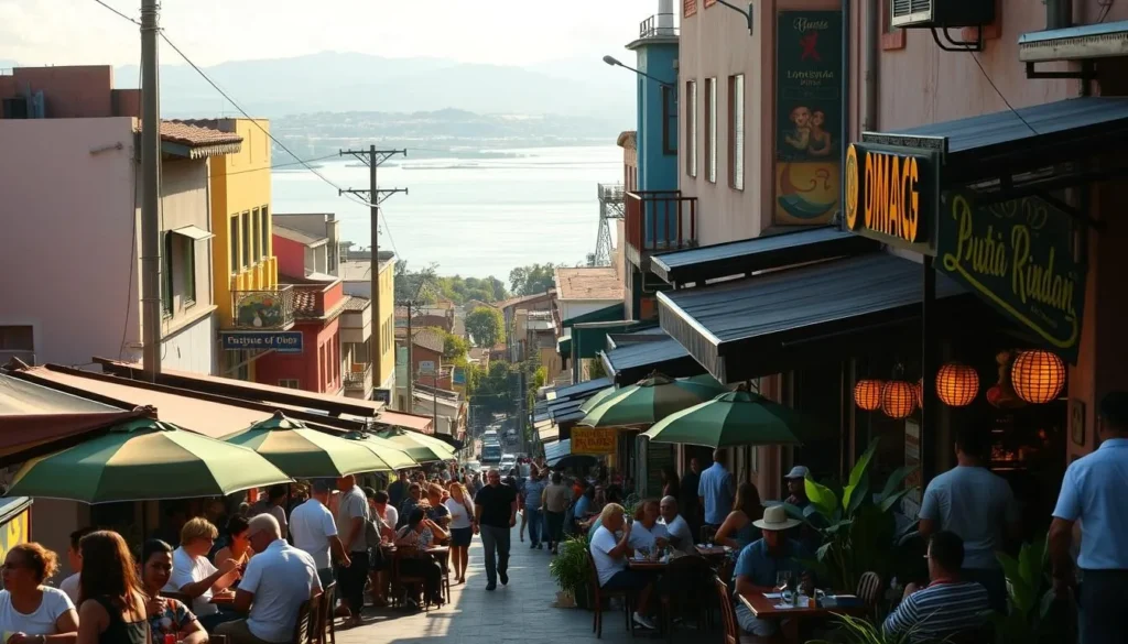 A bustling street in Ciudad Guayana, Venezuela, lined with vibrant local restaurants. In the foreground, people gather at cozy outdoor terraces, savoring delectable regional dishes. The middle ground showcases the vibrant architecture, with colorful facades and lively signage. In the background, the majestic Orinoco River flows, creating a scenic backdrop. Warm sunlight bathes the scene, casting a welcoming glow and highlighting the inviting atmosphere. The image conveys the rich culinary traditions and lively energy of Ciudad Guayana's local dining scene.