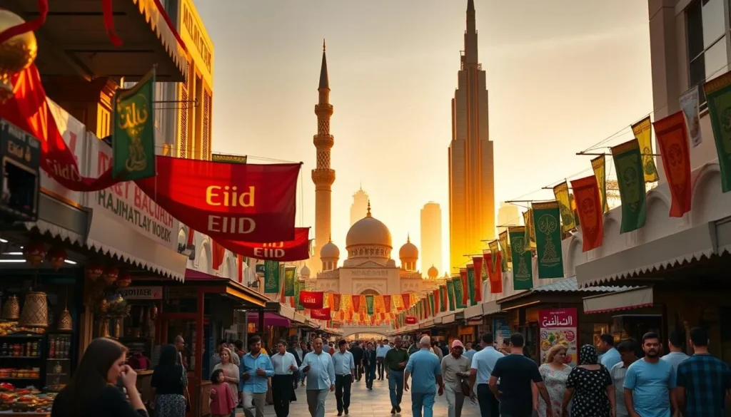 A bustling street in Dubai, adorned with vibrant decorations and festive flags, as locals and visitors gather to celebrate the joyous Eid festivities. In the foreground, families stroll among the colorful stalls, admiring the intricate handicrafts and savoring traditional Emirati delicacies. The middle ground features a grand, ornate mosque, its towering minarets casting long shadows across the scene. In the background, the iconic skyscrapers of Dubai's skyline rise majestically, bathed in warm, golden sunlight that creates a serene, celebratory atmosphere. The image should convey a sense of cultural richness, community, and the vibrant energy of Eid celebrations in this dynamic, modern city.