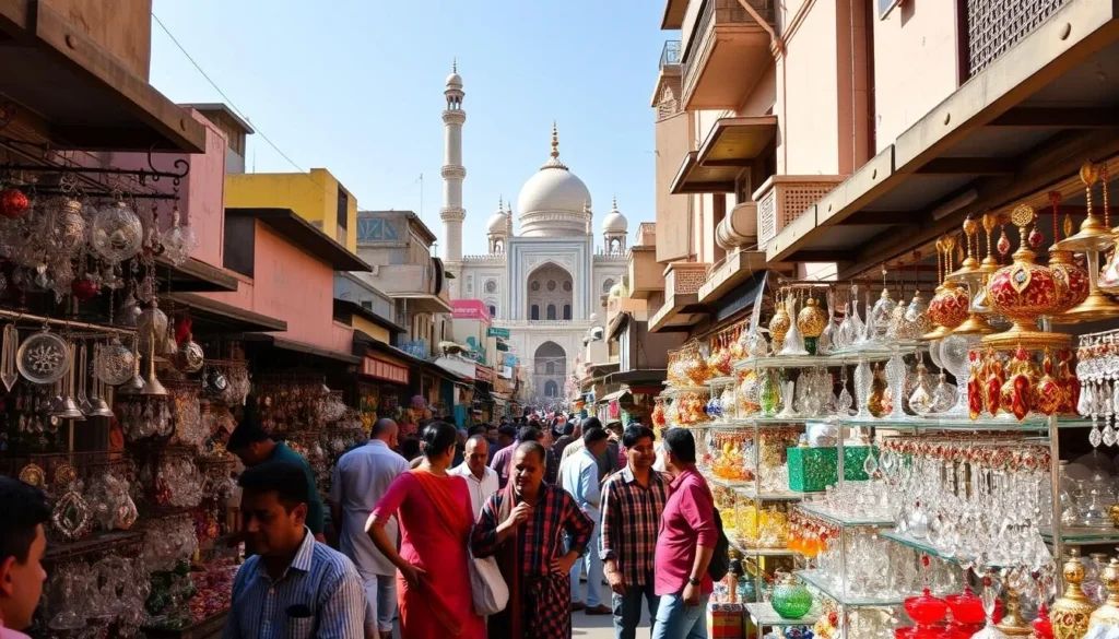 A bustling street in Firozabad, Uttar Pradesh, India. In the foreground, vibrant stalls sell intricate glass and crystal ornaments, their sparkling displays catching the warm afternoon sun. Shopkeepers engage with customers, gesturing animatedly. The middle ground reveals the iconic minarets of the Jama Masjid, its striking white marble facade gleaming. In the background, a maze of narrow alleys wind between colorful buildings, hinting at the city's rich cultural heritage. The scene is alive with the sounds of haggling, the clink of glassware, and the lively energy of this renowned glass-making hub. A clear sky overhead adds to the pleasant, welcoming atmosphere, inviting visitors to explore Firozabad's captivating sights and traditions.
