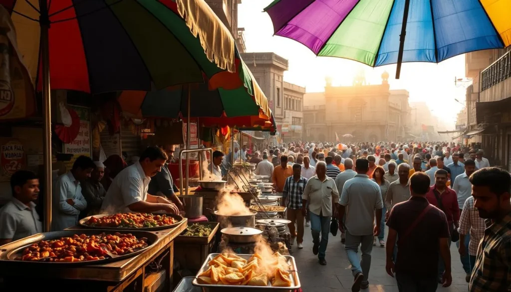 A bustling street in Ghaziabad, Uttar Pradesh, lined with vibrant food stalls and hawkers. In the foreground, colorful umbrellas shade sizzling griddles and steaming pots, showcasing an array of delectable street food delights - spicy kebabs, crisp samosas, piping hot jalebi, and more. The middle ground is filled with a lively crowd of locals and visitors, weaving through the lively atmosphere. In the background, the facades of old buildings and shops create a charming, historic setting, bathed in warm, golden sunlight filtering through the haze. The scene exudes the enticing aromas and bustling energy of a quintessential Ghaziabad culinary adventure.