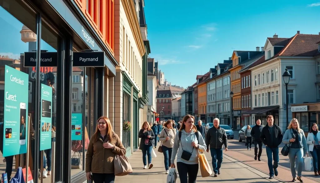 A bustling street in Haugesund, Norway, on a sunny day. In the foreground, a group of people navigate the sidewalk, carrying shopping bags and wallets. In the middle ground, a series of storefront windows display the latest payment options - contactless cards, mobile wallets, and QR codes. The background features the iconic architecture of Haugesund, with its well-preserved historic buildings and modern structures. Ambient lighting casts a warm glow, creating a vibrant, welcoming atmosphere. The scene conveys the practical, efficient, and seamless nature of currency and payments in this vibrant Norwegian town.