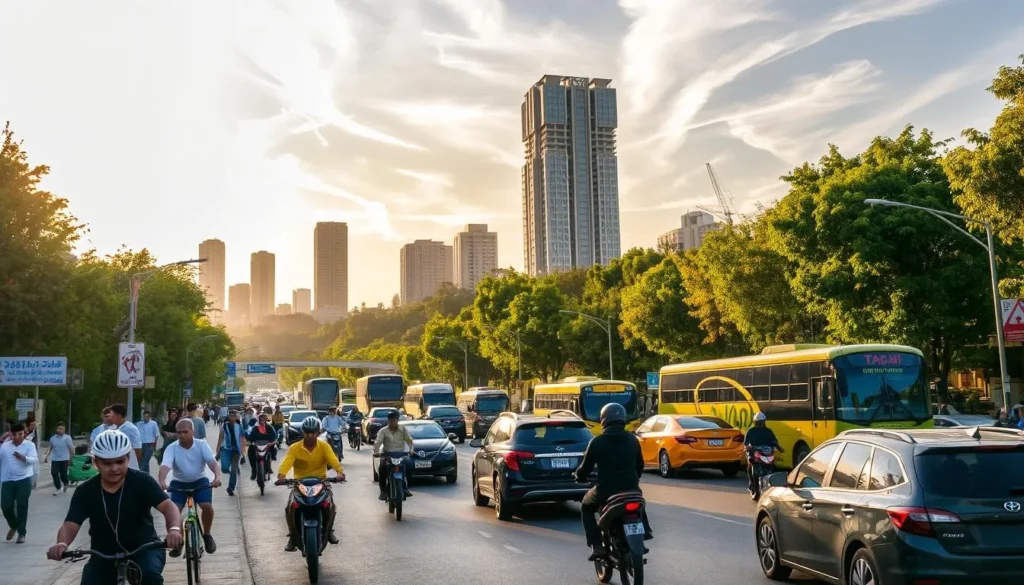 A bustling street in Karaj, Iran, with diverse modes of transportation. In the foreground, pedestrians and cyclists navigate the vibrant thoroughfare, while in the middle ground, a mix of cars, motorcycles, and taxis weave through the traffic. In the background, towering buildings and lush greenery create a dynamic urban landscape, bathed in warm, golden sunlight that filters through wispy clouds. The scene conveys a sense of energy and activity, reflecting the transportation options available for exploring the city of Karaj.