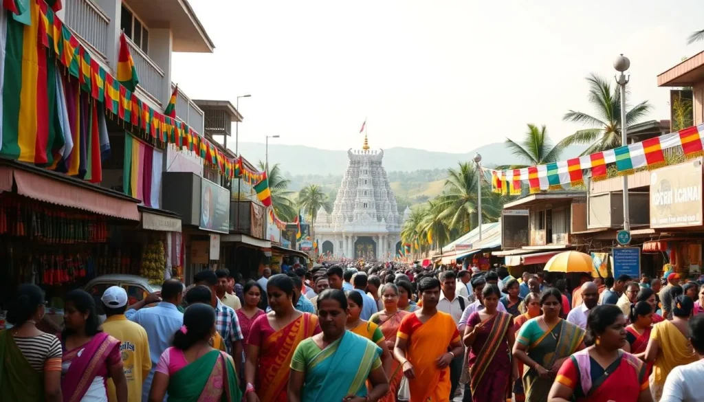 A bustling street in Kottayam, Kerala, during a lively festival. Colorful flags and banners adorn the buildings, casting a warm glow on the scene. In the foreground, a crowd of people dressed in traditional Kerala attire weave through vibrant market stalls, haggling with vendors over exotic spices and handcrafted goods. The middle ground features a grand temple, its ornate architecture reflecting the region's rich cultural heritage. In the background, rolling hills and lush coconut palms create a picturesque backdrop, hinting at the natural beauty that surrounds the city. The atmosphere is one of joyful celebration, with the air filled with the sounds of music, laughter, and the aroma of delectable local cuisine.