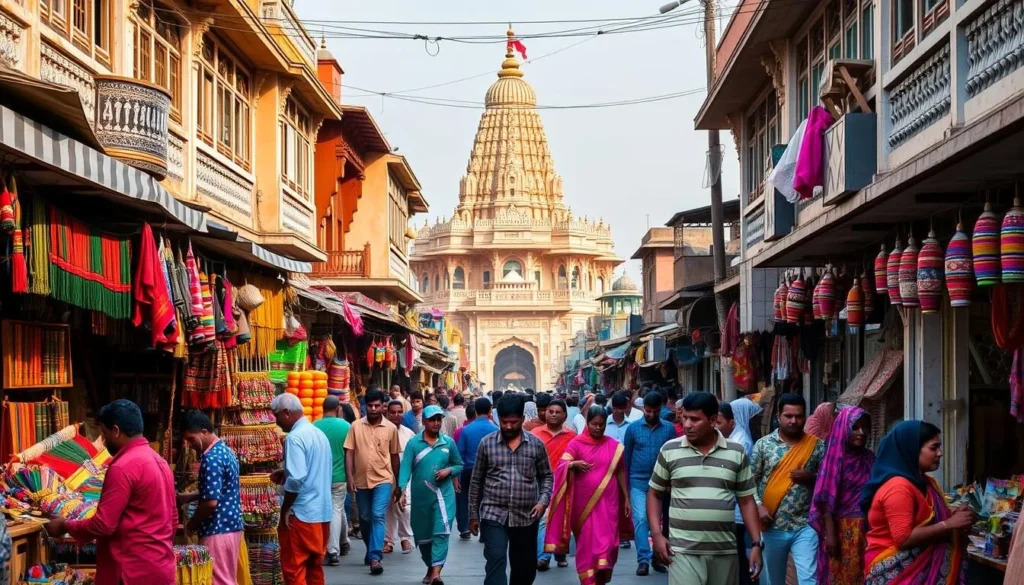 A bustling street in Loni, Uttar Pradesh, lined with vibrant stalls and vendors showcasing the region's rich cultural heritage. In the foreground, local artisans demonstrate traditional handicrafts, their skilled hands weaving intricate patterns. Amid the lively crowd, men and women in colorful, flowing garments move through the scene, immersed in the energetic atmosphere. The middle ground features ornate, architecturally distinct buildings, their facades adorned with intricate carvings and vibrant hues. In the background, a serene temple rises, its towering spire casting a warm, golden glow over the entire tableau. The lighting is soft and natural, highlighting the vibrancy and authenticity of this cultural experience.