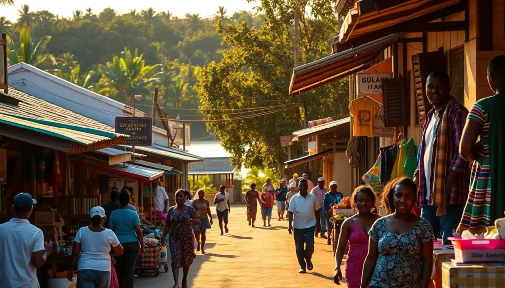 A bustling street in Nieuw Nickerie, Suriname, bathed in warm, golden sunlight. In the foreground, vibrant local shops and vendors offer a colorful array of wares, their facades adorned with intricate patterns and signage. In the middle ground, people move through the lively scene, their expressions and gestures capturing the energy of the town. In the background, the verdant tropical foliage and a glimpse of the nearby river create a serene, picturesque backdrop. The scene is captured through the lens of a high-quality DSLR camera, the focus crisp and the composition balanced, showcasing the unique photographic opportunities that Nieuw Nickerie has to offer.