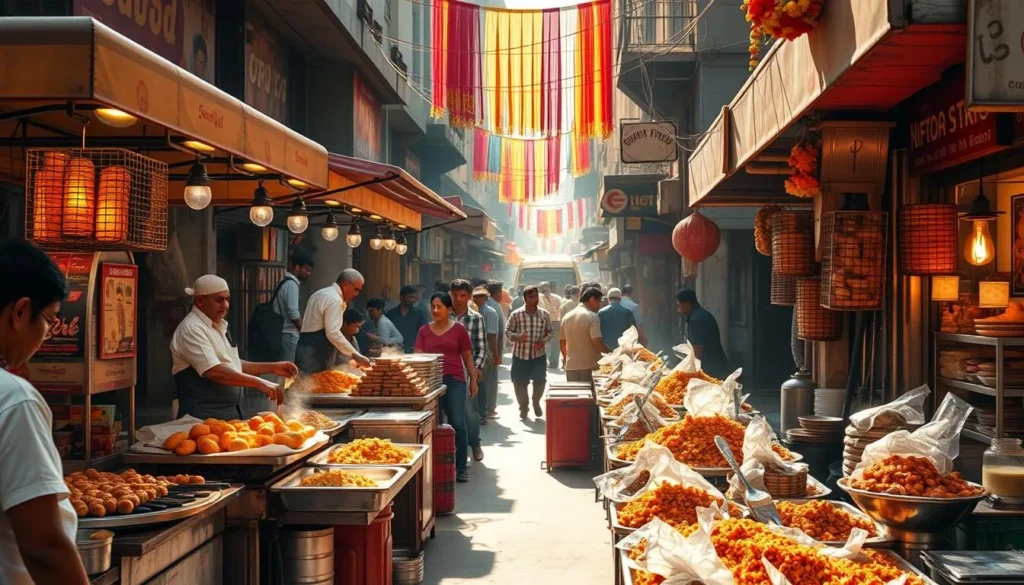 A bustling street in a vibrant Indian city, with a lively food market showcasing an array of sizzling street food stalls. Aromatic spices fill the air as vendors skillfully prepare delectable dishes - from sizzling kebabs and crispy pakoras to steaming biryani and tangy chutneys. Vibrant colors and textures adorn the scene, creating a sensory experience that invites the viewer to immerse themselves in the local culinary culture. Warm sunlight filters through the bustling atmosphere, casting a golden glow over the lively proceedings. The energy and excitement of this street food experience is palpable, capturing the essence of Indian festival celebrations.