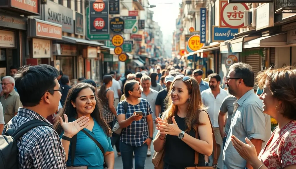 A bustling street in a vibrant urban setting, with a diverse array of people engaged in lively conversations. In the foreground, a group of friends gesticulating animatedly as they exchange ideas in multiple languages, their expressions reflecting the richness of their multilingual exchange. In the middle ground, shopkeepers and passersby move through the scene, conversing in a variety of tongues. The background is a panorama of colorful storefronts, signage, and architectural details, hinting at the multilingual tapestry of the city. The lighting is warm and natural, casting a golden glow over the scene and conveying a sense of energy and community.