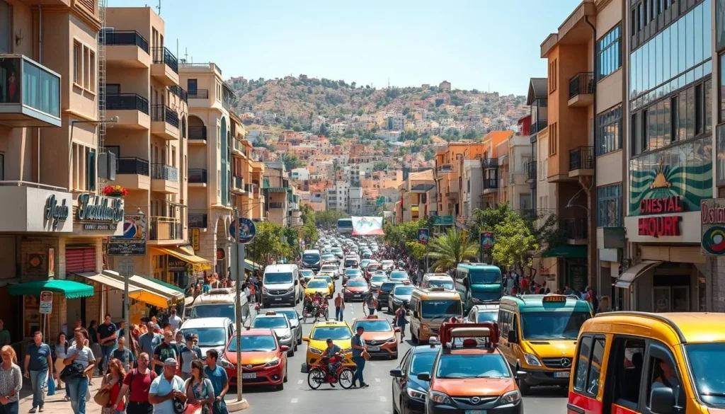A bustling street in downtown Amman, Jordan on a sunny afternoon. In the foreground, a vibrant mix of traditional Middle Eastern architecture and modern shops. Amid the hustle and bustle, a variety of local transportation options - taxis, buses, and tuk-tuks weave through the traffic. In the middle ground, people stroll along the sidewalks, carrying shopping bags and chatting with friends. In the background, the iconic hillsides of Amman rise up, dotted with buildings and greenery. The scene is bathed in warm, golden light, creating a lively, welcoming atmosphere perfect for festival-goers exploring the city.