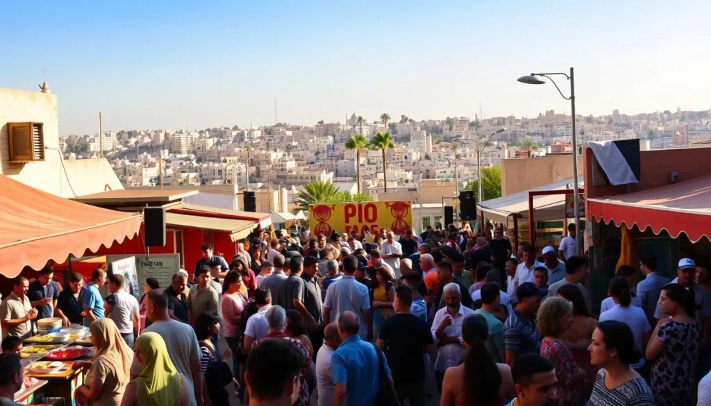A bustling street in the heart of Amman, Jordan, comes alive with the vibrant colors and energetic atmosphere of a local festival. In the foreground, people gather around vibrant food stalls, their laughter and conversations filling the air. In the middle ground, traditional music and dance performances take center stage, captivating the crowd. The background is a panoramic view of the city's iconic white-stone buildings, framed by a clear blue sky. The scene is bathed in warm, golden sunlight, creating a sense of joy and celebration. The overall mood is one of cultural richness, community, and a deep appreciation for Amman's vibrant festival traditions.