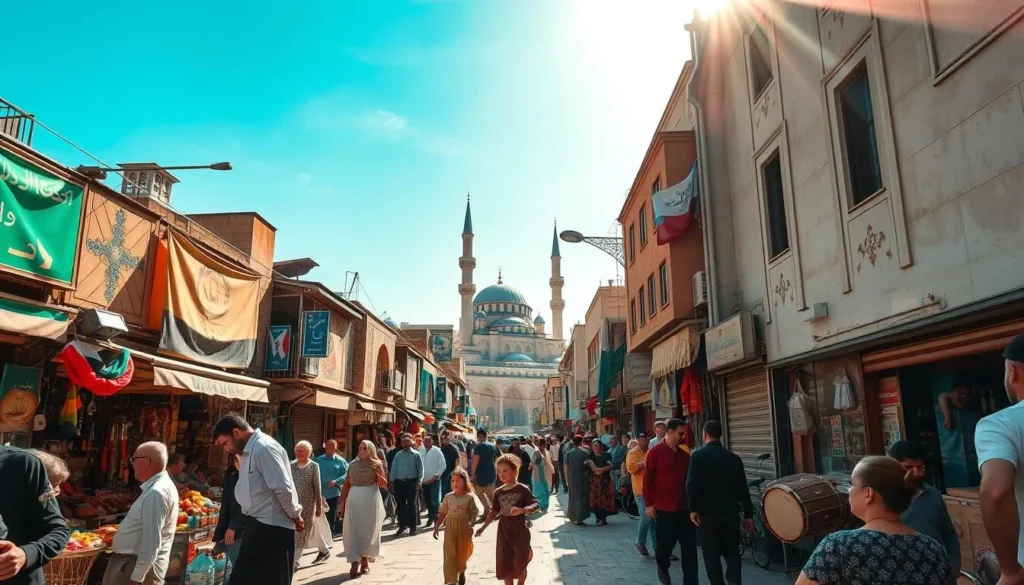 A bustling street in the heart of Amman, lined with vibrant shops and lively vendors. In the distance, the iconic minarets of a grand mosque pierce the azure sky. Locals gather, donning traditional dress, as they prepare to celebrate a revered religious festival. The air is filled with the scent of incense and the melodic chants of prayers. Sunlight filters through the narrow alleyways, casting a warm, ethereal glow over the scene. A group of children play joyfully, their laughter mingling with the rhythmic beat of traditional drums. The atmosphere is one of reverence, community, and cultural richness, capturing the essence of Amman's deeply rooted religious traditions.