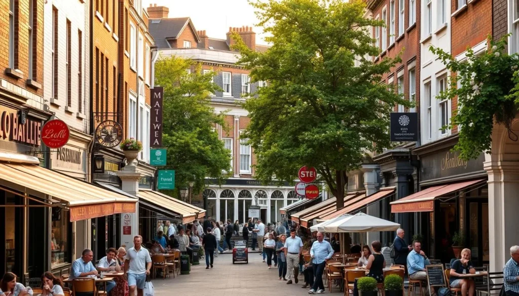 A bustling street in the heart of Bexley, London, with a vibrant food scene. In the foreground, quaint cafes and local eateries line the sidewalks, their outdoor seating areas filled with patrons enjoying an array of cuisines. The middle ground features a variety of independent restaurants, their facades adorned with colorful signage and inviting window displays. In the background, Georgian-style buildings and lush trees create a charming, historic atmosphere. Warm, natural lighting filters through, casting a golden glow and enhancing the welcoming ambiance. The overall scene conveys a sense of community, with locals and visitors mingling and savoring the diverse culinary delights that make Bexley's food scene a must-visit destination.