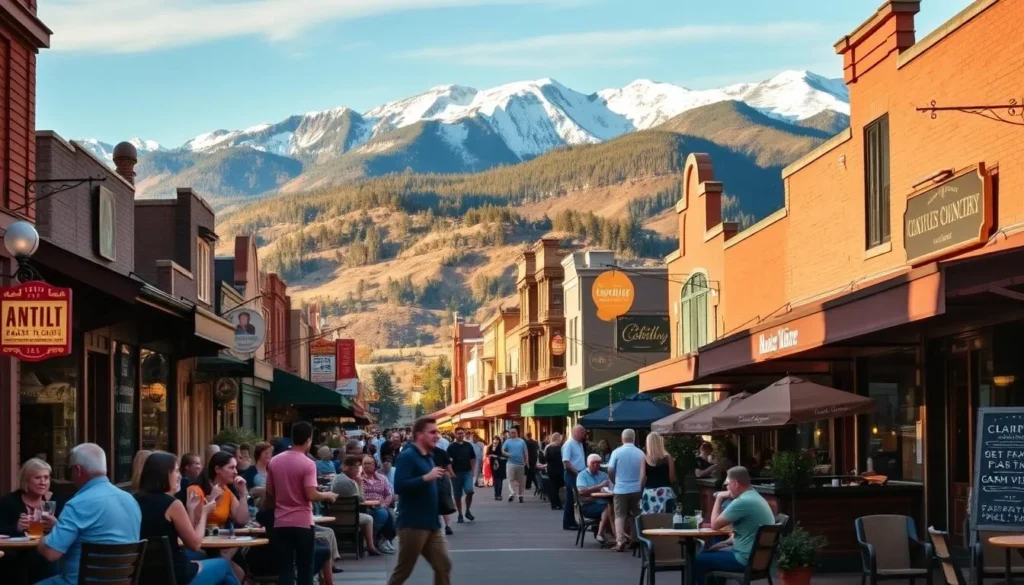 A bustling street in the heart of Buena Vista, Colorado, lined with cozy, inviting restaurants showcasing the local culinary scene. In the foreground, patrons dine alfresco at quaint bistros, sipping craft cocktails and savoring farm-to-table dishes. The middle ground features the charming facades of diverse eateries, their enticing aromas wafting through the air. In the background, the majestic Rocky Mountains provide a stunning natural backdrop, their snow-capped peaks bathed in warm, golden sunlight. The overall atmosphere exudes a vibrant, laid-back vibe, capturing the essence of Buena Vista's thriving foodie culture.