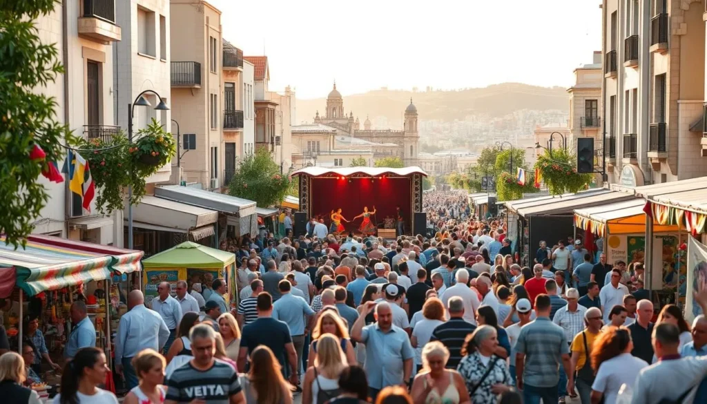 A bustling street in the heart of Haifa, Israel, filled with the vibrant colors and lively energy of a cultural festival. In the foreground, a crowd of people weaves through colorful tents and stalls, browsing handcrafted goods, sampling local cuisine, and listening to the rhythmic beats of traditional music. In the middle ground, a stage comes alive with a captivating performance, dancers in vibrant costumes twirling and swaying to the mesmerizing melodies. In the background, the city's iconic architecture and verdant hills create a stunning backdrop, bathed in the warm glow of the sun. The scene exudes a sense of celebration, community, and the rich cultural tapestry that defines Haifa.