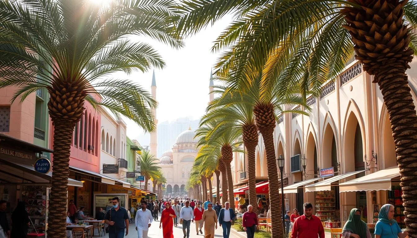 A bustling street in the heart of Hawally, Kuwait, lined with vibrant shops, cafes, and lively crowds. Sunlight filters through the palm trees, casting a warm glow on the pastel-colored buildings and intricate architectural details. In the foreground, people stroll along the sidewalks, stopping to admire the local handicrafts and street vendors. In the middle ground, a grand mosque with its ornate minarets stands as a testament to the rich cultural heritage of the city. The background features a modern skyline, showcasing the blend of old and new that defines Hawally's unique character. The overall scene exudes a sense of energy, vitality, and the welcoming spirit of this Kuwaiti community.