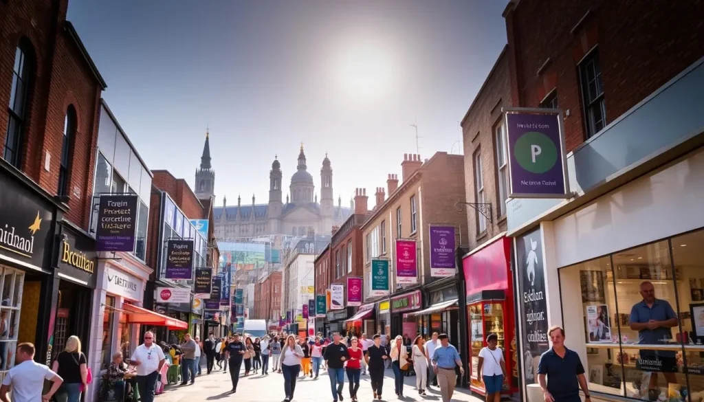 A bustling street in the heart of Newham, London, with a vibrant mix of shops, eateries, and local businesses lining the sidewalks. The sun shines brightly, casting a warm glow over the scene as pedestrians stroll by, enjoying the lively atmosphere. In the distance, the iconic architecture of the area's historic buildings stands tall, blending seamlessly with modern structures. The middle ground showcases the diverse community, with residents and visitors alike engaging in activities and interacting with one another. The foreground captures the energy and character of Newham, inviting the viewer to explore this hidden gem of East London.