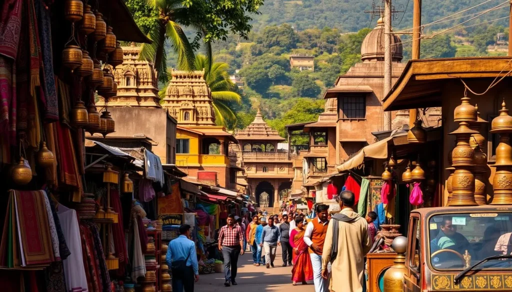 A bustling street in the heart of Sambalpur, Odisha, lined with vibrant stalls and shops showcasing the region's rich cultural heritage. In the foreground, intricate handwoven textiles and traditional brass and copper wares catch the eye, while the middle ground features ornate temples and historic buildings, their ornate architecture bathed in warm, golden light. In the background, a lush, verdant landscape frames the scene, hinting at the natural beauty that surrounds this hidden gem. The overall atmosphere evokes a sense of timeless charm and the vibrant energy of a thriving local community.