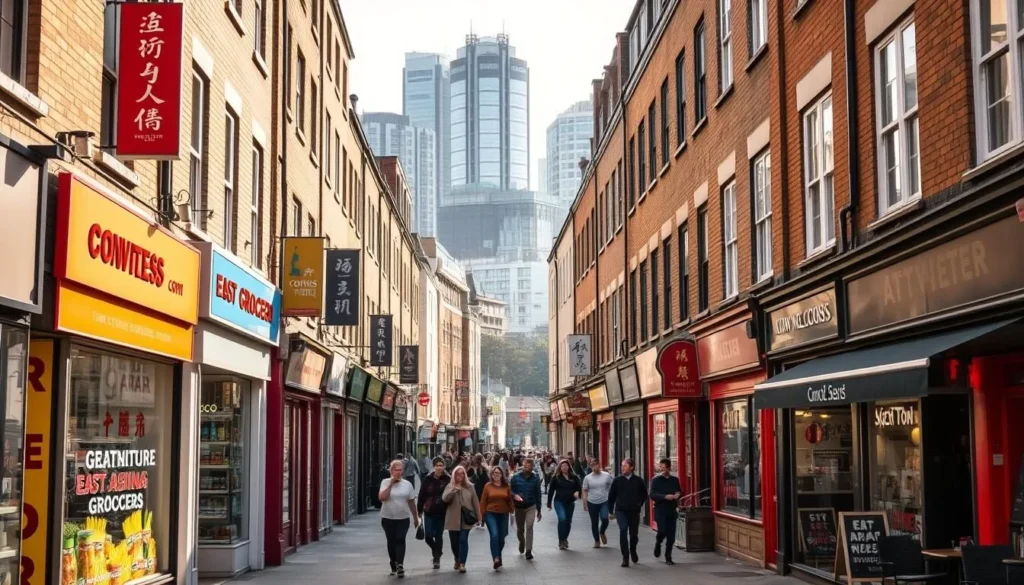 A bustling street in the heart of Tower Hamlets, London's East End, bathed in warm, golden sunlight. Colorful storefronts, from traditional East Asian grocers to trendy cafes, line the sidewalks, creating a vibrant, dynamic scene. In the middle distance, the iconic Canary Wharf towers rise up, a striking contrast of modern architecture against the historic backdrop. Pedestrians stroll leisurely, weaving between the quaint, brick-fronted buildings, conveying a sense of community and local character. The overall atmosphere is one of charm, liveliness, and the unique multicultural heritage of this remarkable London borough.