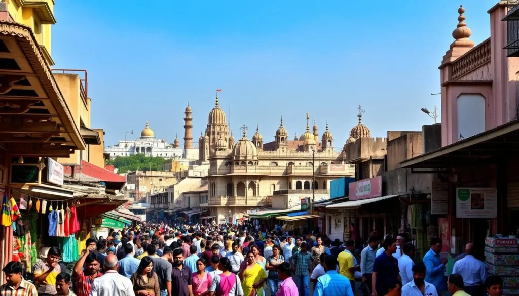 A bustling street in the heart of Vadodara, Gujarat, lined with vibrant markets, ornate temples, and colorful shopfronts. In the foreground, a lively crowd of locals and visitors weave through the narrow alleyways, immersed in the rich cultural tapestry. The middle ground showcases the intricate architecture of historical landmarks, their intricate carvings and domed roofs bathed in warm, golden sunlight. In the background, the skyline is dotted with towering spires and minarets, creating a striking silhouette against a cloudless azure sky. The scene exudes a palpable sense of energy and cultural vitality, inviting the viewer to explore and discover the treasures of Vadodara, the cultural capital of Gujarat.