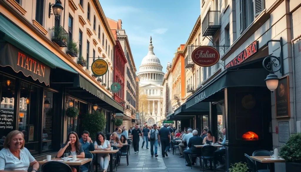 A bustling street in the heart of Washington DC, lined with charming Italian restaurants. The sun-dappled facades, awnings, and ornate signage create a warm, inviting atmosphere. Patrons spill out onto cozy sidewalk tables, savoring authentic dishes and sipping espresso. In the middle ground, a trattoria with a wood-fired oven emits tantalizing aromas. In the background, the stately architecture of the nation's capital frames the scene, hinting at the cultural diversity of the city. Capture the essence of Italian culinary delights in the nation's capital with an image that evokes the anticipation of a delectable dining experience.