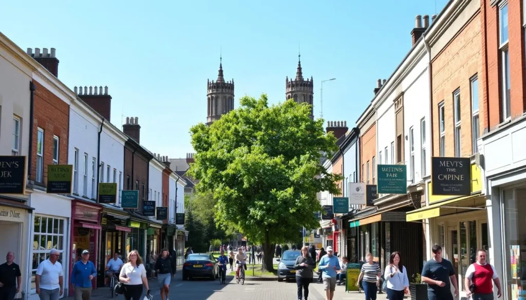 A bustling street in the heart of the London Borough of Brent, England, on a bright, sunny day. Rows of charming two-story buildings line the sidewalks, their facades adorned with colorful awnings and shop signs. In the foreground, people stroll leisurely, taking in the vibrant atmosphere. A tree-lined park can be seen in the middle ground, with joggers and cyclists passing by. In the background, the distinctive architecture of the borough's historic landmarks stands tall, framed by a clear, blue sky. The scene conveys a sense of energy, diversity, and community, capturing the essence of the vibrant and welcoming borough.
