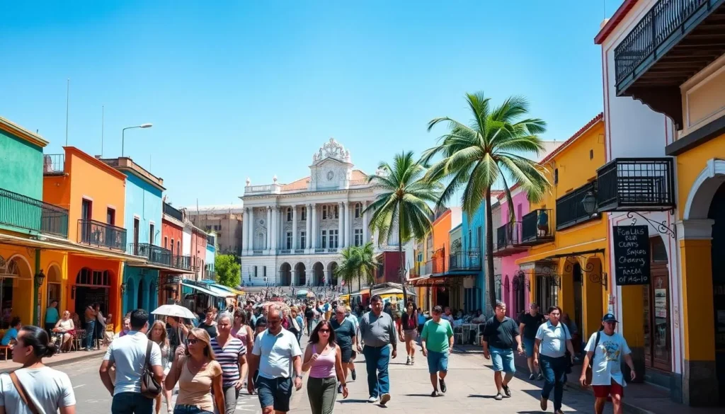 A bustling street in the historic center of São Luís, Brazil, on a sunny day. Colorful colonial-era buildings line the sidewalks, their vibrant facades reflecting the warm tropical light. In the foreground, locals and tourists mingle, strolling past charming shops and cafes. The middle ground reveals the iconic Palácio dos Leões, the seat of the state government, its striking white architecture and ornate details standing tall. In the background, palm trees sway gently, hinting at the city's coastal location. The scene exudes a lively, yet relaxed atmosphere, capturing the essence of São Luís as a welcoming and historically significant destination.