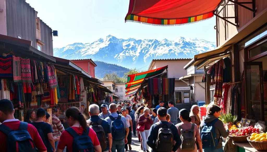 A bustling street market in a Peruvian town, with vendors selling vibrant textiles, local handicrafts, and fresh produce. The sunlight filters through the colorful awnings, casting a warm glow over the scene. In the foreground, a group of backpackers browse the stalls, their faces filled with excitement as they bargain for unique souvenirs. In the middle ground, locals go about their daily business, weaving through the crowds with ease. In the background, the snow-capped peaks of the Andes mountains rise majestically, hinting at the natural wonders that await budget-conscious travelers.