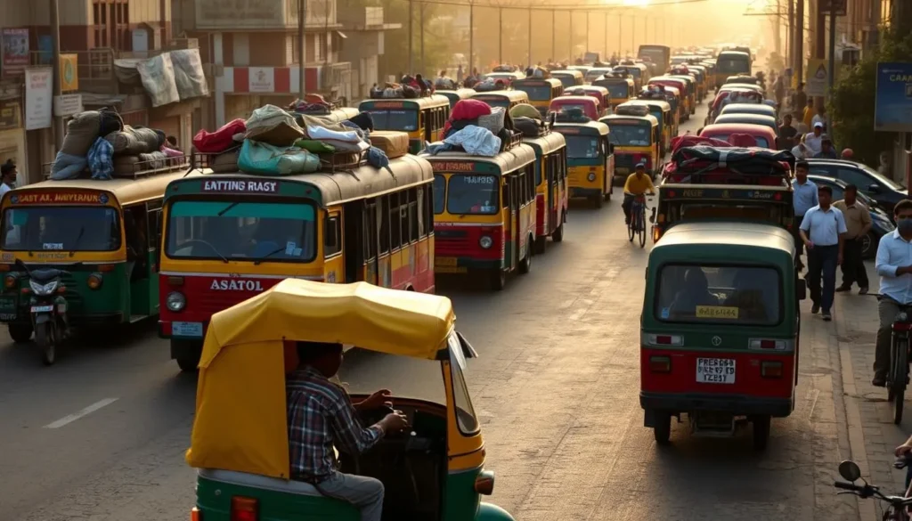 A bustling street scene in Asansol, West Bengal, showcasing the local modes of transportation. In the foreground, a colorful auto-rickshaw navigates the crowded road, its driver expertly weaving through traffic. In the middle ground, a fleet of vibrant local buses and taxis pick up and drop off passengers, their roofs adorned with luggage and goods. In the background, the silhouettes of pedestrians and cyclists dot the scene, creating a lively, urban atmosphere. The warm, golden light of the sun bathes the entire setting, highlighting the energy and character of this thriving Indian city.