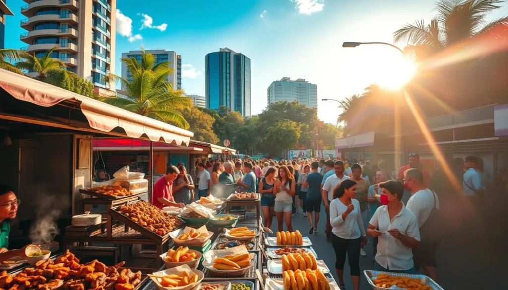 A bustling street scene in Brasilia, the capital of Brazil, showcases the vibrant street food culture. In the foreground, a colorful array of vendors offer sizzling grilled meats, crisp empanadas, and fragrant arepas. The middle ground features lively crowds of locals and tourists savoring their culinary delights under the warm, golden sunlight. In the background, modern high-rise buildings and lush tropical foliage create a captivating contrast. The scene is alive with the sounds of sizzling pans, the chatter of people, and the aroma of spices wafting through the air, offering a truly immersive street food experience in the heart of Brasilia.