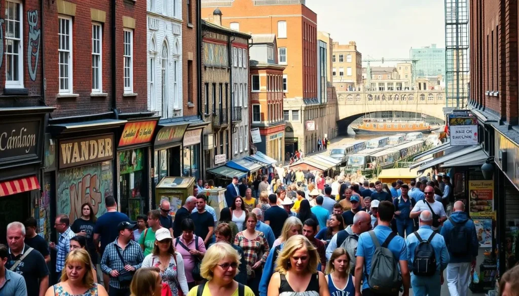 A bustling street scene in Camden Town, London, on a sunny afternoon. In the foreground, crowds of people explore colorful market stalls and independent shops, their unique fashions and expressions reflecting the neighborhood's vibrant subculture. Mid-ground, striking street art and murals adorn the buildings, casting dynamic shadows. In the background, the iconic Camden Lock with its narrowboats and waterfront activity. Warm, diffused lighting creates a lively, energetic atmosphere, showcasing Camden Town's reputation as a hub of creativity, diversity, and counterculture.