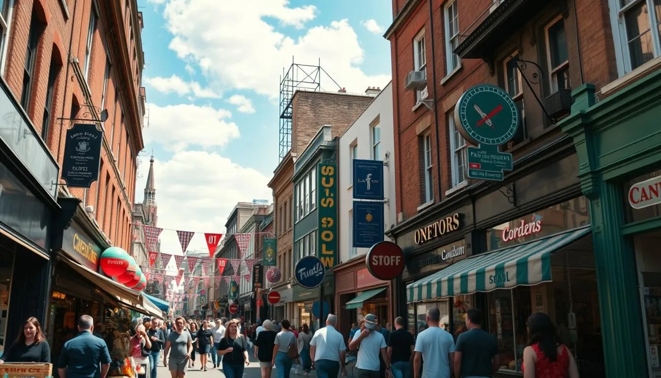 A bustling street scene in Camden Town, London, showcasing the vibrant energy and eclectic charm of this iconic neighborhood. Capture the colorful storefronts, quirky street vendors, and diverse crowds milling about under a bright, sun-dappled sky. Highlight the unique architectural details of the buildings, from ornate facades to vintage neon signs. Render the scene with a cinematic, high-resolution quality, using a wide-angle lens to convey a sense of immersion and exploration. Evoke the lively, bohemian atmosphere that makes Camden Town a must-visit destination for locals and tourists alike.