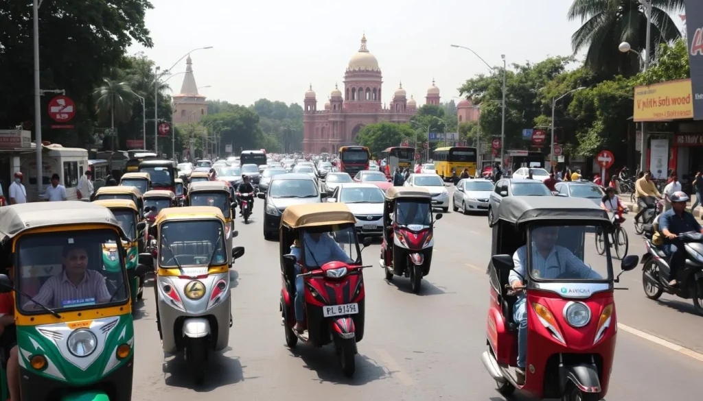 A bustling street scene in Firozabad, Uttar Pradesh, showcasing the city's diverse transportation options. In the foreground, motorized rickshaws and scooters weave through the traffic, their colorful paint jobs gleaming in the warm sunlight. In the middle ground, a mix of cars, buses, and bicycles navigate the well-paved roads, creating a lively rhythm. In the background, the distinctive domes and spires of Firozabad's historic architecture rise up, providing a picturesque backdrop. The atmosphere is one of energy and movement, reflecting the vibrant, modern character of this city. Shot with a wide-angle lens to capture the bustling scene, the image conveys the ease of accessibility and the variety of transportation choices available to visitors exploring Firozabad.