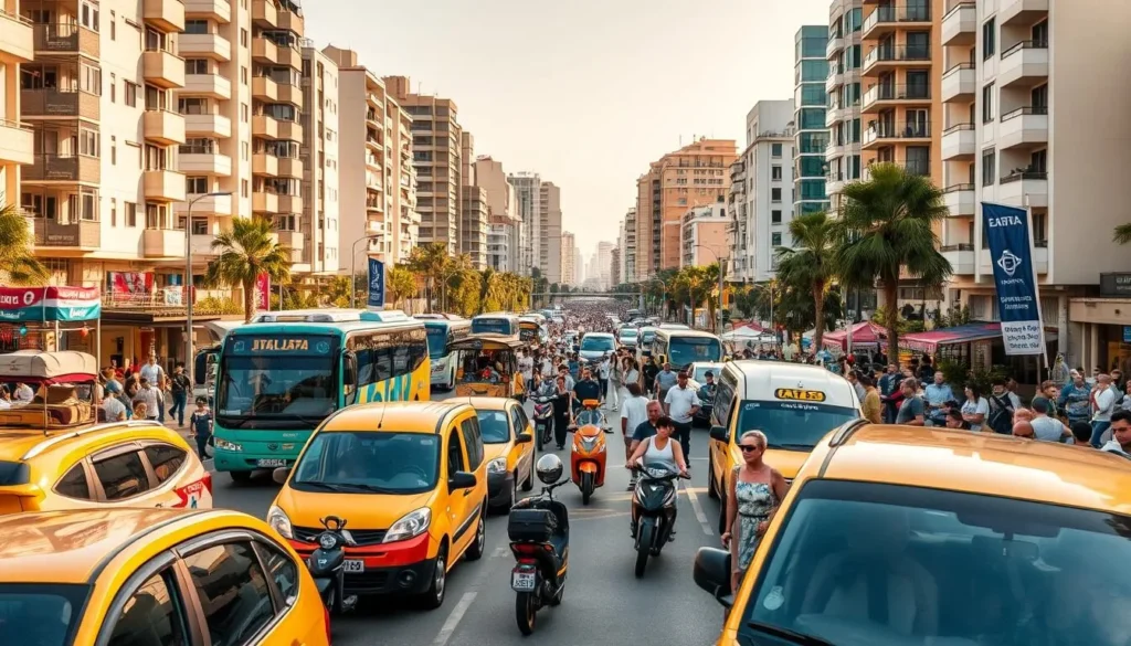 A bustling street scene in Haifa, Israel, during a vibrant festival. In the foreground, a colorful array of local transportation options - taxis, buses, and electric scooters - ferry passengers to and fro. The middle ground features lively pedestrians milling about, drawn by the sounds of music and the aromas of street food. In the background, towering buildings with a mix of architectural styles frame the scene, casting warm, golden light across the vibrant festivities. The atmosphere is one of energy, excitement, and cultural celebration, inviting visitors to immerse themselves in the unique character of Haifa.