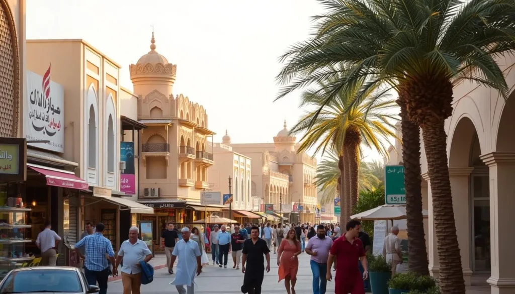 A bustling street scene in Jahra, Kuwait, on a sunny day. In the foreground, locals stroll along the sidewalk, passing by vibrant shops and cafes. The middle ground features the distinctive architecture of traditional Kuwaiti buildings, their ornate facades bathed in warm, golden light. In the background, palm trees sway gently, hinting at the nearby lush parks and gardens that add to Jahra's tranquil atmosphere. The overall mood is one of energy and liveliness, inviting the viewer to explore this authentic Kuwaiti city.