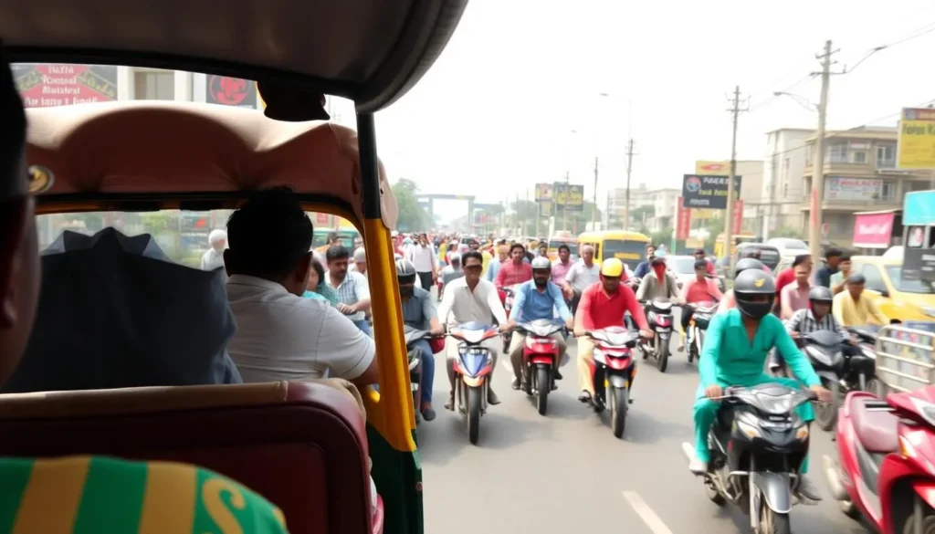 A bustling street scene in Kalyan-Dombivli, capturing the vibrant local transportation options. In the foreground, a colorful auto-rickshaw navigates the crowded road, its passenger seats offering a unique perspective. In the middle ground, a mix of pedestrians, bicycles, and motorbikes weave through the traffic, creating a lively atmosphere. In the background, the skyline is dotted with buildings, hinting at the urban landscape. The lighting is warm and natural, creating a pleasant, inviting mood. The camera angle is slightly elevated, providing a comprehensive view of the transportation diversity. An engaging, authentic depiction of the everyday travel experience in this Maharashtra region.