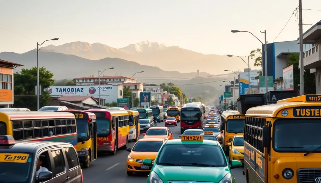 A bustling street scene in San Gil, Colombia, showcasing the city's vibrant transportation network. In the foreground, a colorful fleet of local buses and taxis ferries passengers, their dynamic movements frozen in time by a crisp, high-resolution lens. The middle ground features pedestrians navigating the lively sidewalks, while the background is dominated by the towering Andean peaks, basking in the soft, warm glow of the afternoon sun. The overall atmosphere conveys the energy and practicality of San Gil's transportation options, perfectly capturing the essence of the "Practical Tips for Visiting San Gil" section.