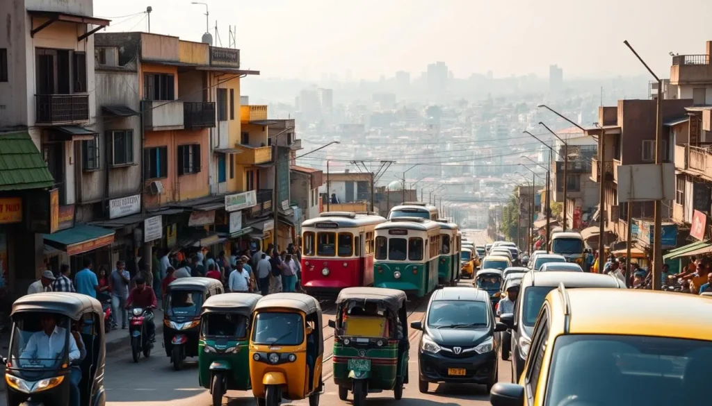 A bustling street scene in South Dumdum, West Bengal, illuminated by warm afternoon sunlight. In the foreground, a diverse array of local transportation modes: colorful auto-rickshaws, chauffeured taxis, and lively pedestrians navigating the lively sidewalks. The middle ground features the iconic trams of Kolkata, their sleek silhouettes gliding along the tracks, surrounded by bustling shops and charming colonial-era architecture. In the background, a sprawling skyline of high-rises and rooftops, hinting at the vibrant energy of this dynamic neighborhood. Capture the essence of South Dumdum's thriving transportation network through a crisp, cinematic lens.