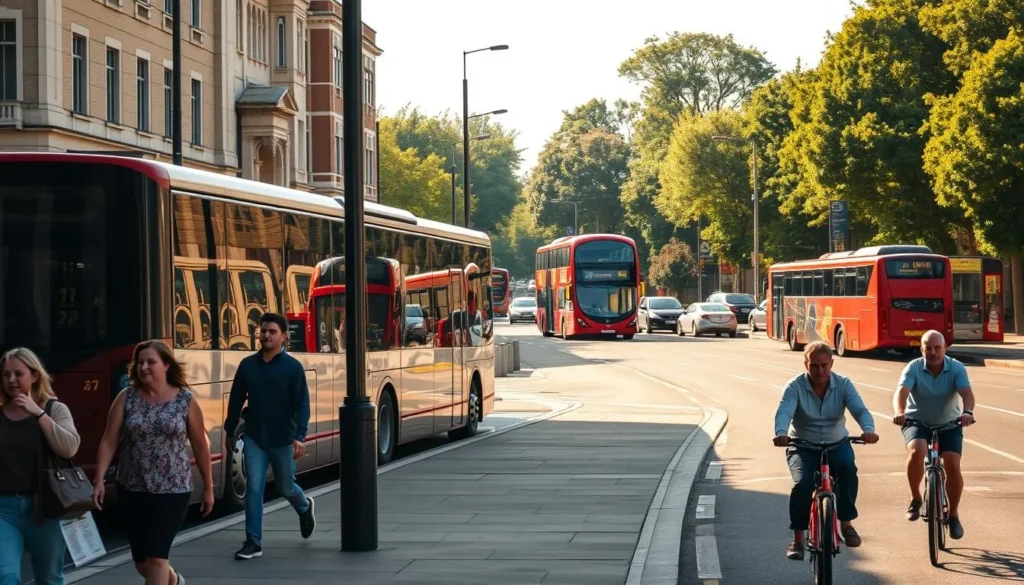 A bustling street scene in Waltham Forest, London, showcasing the borough's diverse transportation options. In the foreground, pedestrians stroll along a well-maintained sidewalk, while cyclists navigate the dedicated bike lanes. Midground, a sleek electric bus waits at a stop, its windows reflecting the surrounding buildings. In the background, a mix of classic red double-decker buses and modern hybrid vehicles navigate the tree-lined streets. The scene is bathed in warm, golden sunlight, creating a welcoming and vibrant atmosphere. The overall composition highlights the efficient and environmentally-conscious transportation network that serves the Waltham Forest community.