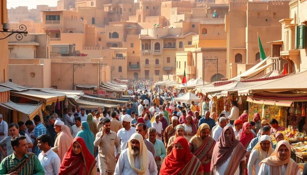 A bustling street scene in a vibrant Yemeni city, where festival-goers stroll amidst a colorful tapestry of traditional attire. In the foreground, groups of locals and visitors mingle, their lively conversations punctuated by the aroma of spices and the lively beats of traditional music. In the middle ground, intricate stalls and vendors offer a tantalizing array of handcrafted wares, from vibrant textiles to intricate metalwork. The background is a harmonious blend of sun-kissed adobe buildings, their ornate facades creating a sense of timeless cultural heritage. Warm, diffused lighting casts a soft, inviting glow, evoking a sense of festive celebration and community.