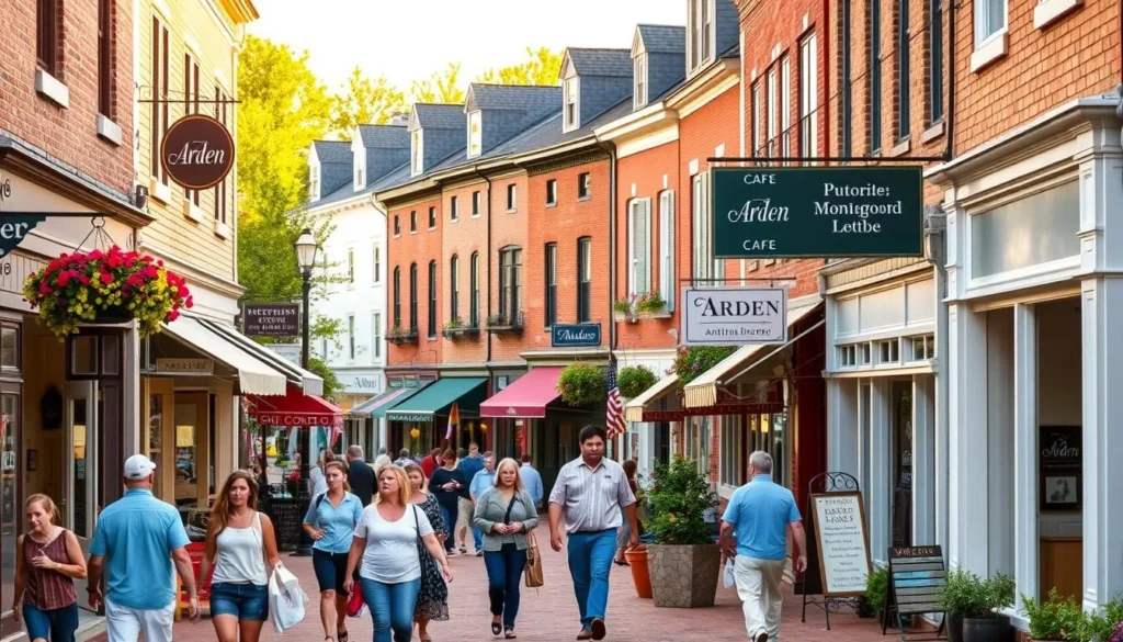 A bustling street scene in the charming town of Arden, Delaware. In the foreground, pedestrians stroll past quaint shops and cafes, admiring the colorful window displays and savoring the aroma of freshly brewed coffee. The middle ground features a vibrant mix of independent boutiques, antique stores, and artisanal eateries, their facades adorned with hanging baskets and vibrant signage. In the background, a row of historic buildings set the stage, their timeless architecture bathed in warm, golden sunlight. The overall atmosphere is one of lively activity and small-town allure, inviting visitors to immerse themselves in the dining and shopping experiences that define the charming character of Arden.