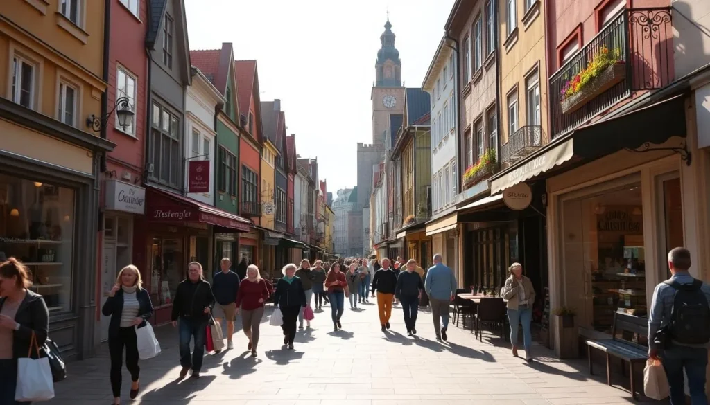 A bustling street scene in the heart of Borås, Sweden, filled with pedestrians browsing charming storefronts and boutiques. The sun casts a warm glow, illuminating the colorful facades and intricate architectural details. In the foreground, people stroll along the sidewalks, carrying shopping bags from local specialty shops. In the middle ground, cafes and restaurants spill out onto the streets, creating a lively, vibrant atmosphere. In the background, the iconic clocktower of Borås stands tall, a testament to the city's rich history. The scene conveys the inviting, picturesque nature of shopping in this quaint Swedish town.