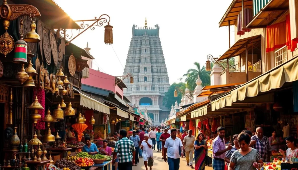 A bustling street scene in the heart of Thrissur, Kerala, India. The foreground is filled with vibrant stalls and shopkeepers selling an array of local handicrafts, spices, textiles, and fresh produce. Intricate wood carvings, brass lamps, and vibrant Kathakali masks catch the eye. In the middle ground, people meander through the lively market, haggling over prices and sampling regional delicacies. The background features the iconic Vadakkumnathan Temple, its towering gopuram spires rising above the bustling activity. Warm sunlight filters through the scene, casting a golden glow and accentuating the vivid colors. The overall atmosphere is one of energy, culture, and the unique charm of shopping in this historic Kerala town.