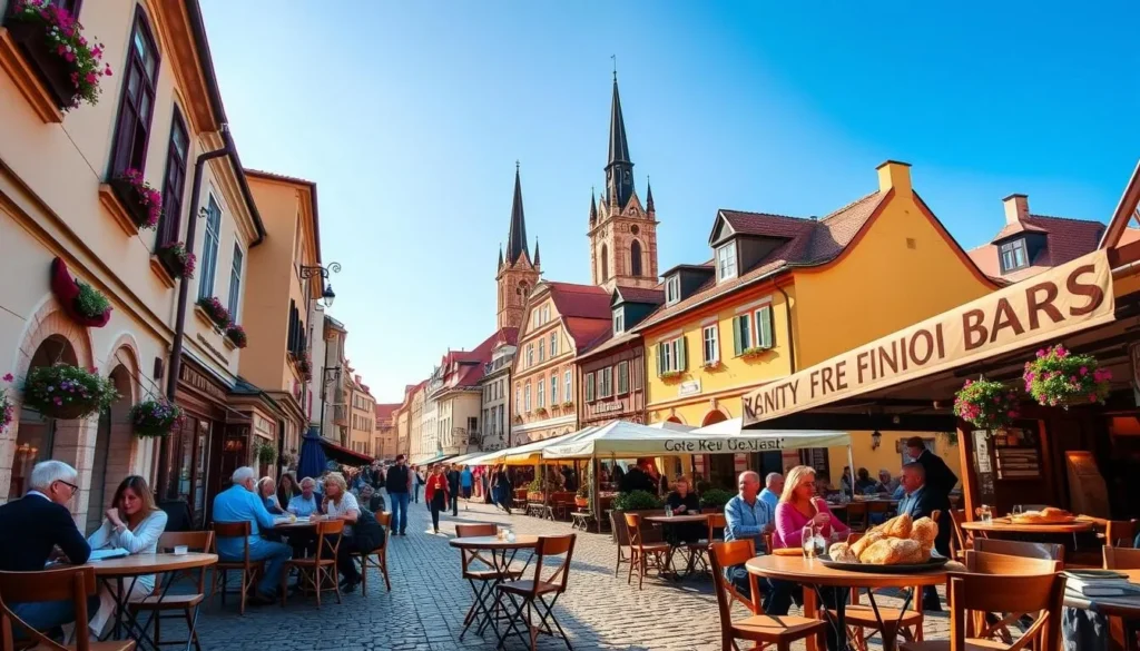 A bustling street scene in the historic center of Nove Mesto na Morave, Czechia, showcasing the local cuisine. In the foreground, a charming outdoor cafe with small round tables and wooden chairs, where patrons enjoy hearty stews, freshly baked breads, and local craft beers. The middle ground features a cobblestone street lined with quaint buildings, their facades adorned with colorful window boxes and hanging flower baskets. In the background, the spires of a picturesque church rise against a clear, azure sky, bathed in warm, golden sunlight. The overall atmosphere is one of vibrant, small-town European charm, inviting visitors to immerse themselves in the delights of the local culinary traditions.