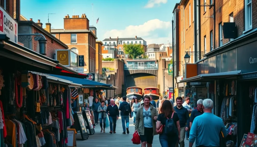A bustling streetscape in Camden Town, London, on a bright and sunny day. In the foreground, vibrant market stalls offer an array of eclectic goods, from vintage clothing to handcrafted jewelry. In the middle ground, pedestrians stroll along the lively sidewalks, taking in the sights and sounds of the neighborhood. In the background, the iconic Camden Lock and its picturesque canal provide a scenic backdrop, with narrowboats gently floating along the water. The scene is bathed in warm, natural lighting, creating a lively and inviting atmosphere that captures the essence of this vibrant and creative hub.